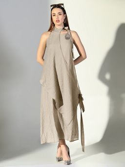 SHOWOFF - Cotton Beige Shoulder Straps Sleeveless Maxi Dress