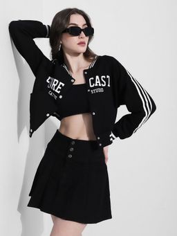 SHOWOFF - Black High Neck Full Sleeves Cropped Jacket