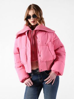 SHOWOFFFF - Pink Collar Neck Full Sleeves Bomber