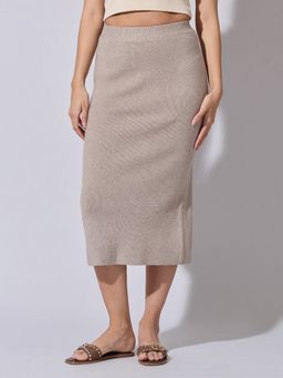 SHOWOFF - Women Beige Textured Midi Skirt