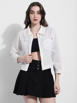 SHOWOFFFF - White Collar Neck Full Sleeves Cropped Jacket