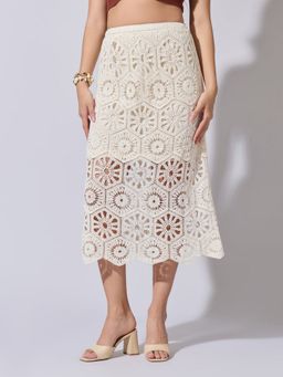 SHOWOFFFF - Women Cream Textured Midi Skirt
