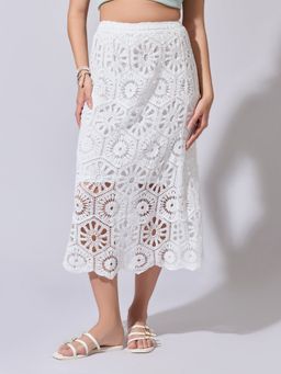 SHOWOFFFF - Women White Textured Midi Skirt