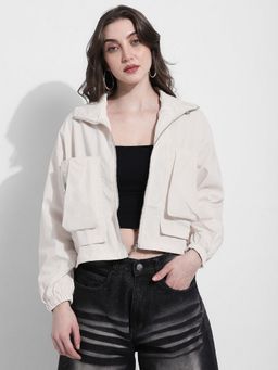 SHOWOFFFF - Off White Collar Neck Full Sleeves Bomber