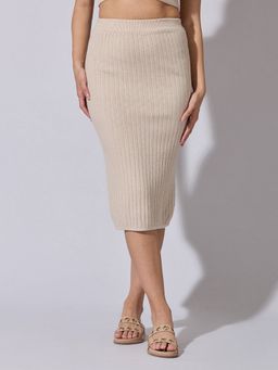 SHOWOFF - Women Beige Textured Midi Skirt