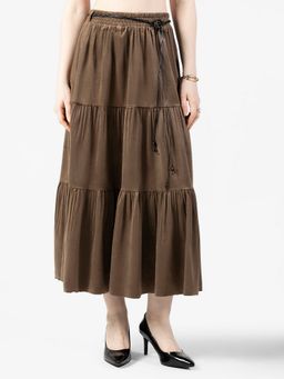 SHOWOFFFF - Women Olive Embellished Maxi Skirt with Belt