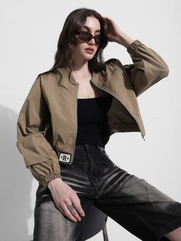 SHOWOFFFF - Khaki Mandarin Neck Full Sleeves Bomber