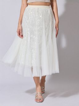 SHOWOFFFF - Women Cream Embellished Midi Skirt