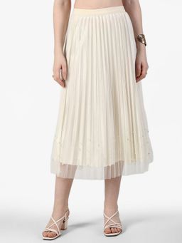 SHOWOFFFF - Women Cream Pleated Midi Skirt