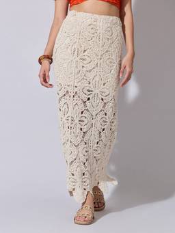 SHOWOFFFF - Women Cream Textured Maxi Skirt