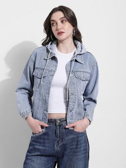 SHOWOFF - Blue Hooded Full Sleeves Denim Jacket