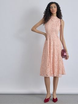 The Label Life - Cotton Blend Pink High Neck Sleeveless Midi Dress