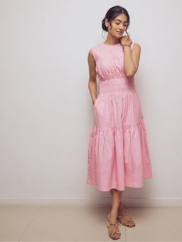 The Label Life - Cotton Pink Round Neck Sleeveless Midi Dress