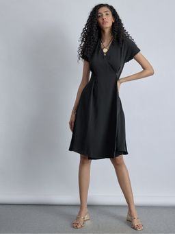 The Label Life - Polyester Crepe Black V-Neck Half Sleeves Midi Dress