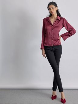 The Label Life - Wine Satin Side Ruched Shirt