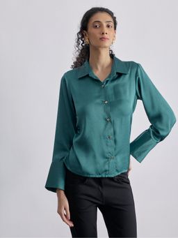 The Label Life - Teal Satin Side Ruched Shirt