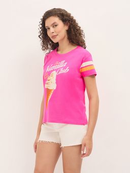 DILLINGER - Pink Women Relaxed Fit Half Sleeves Typography Print T-Shirt