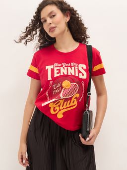 DILLINGER - Red Women Relaxed Fit Half Sleeves Typography Print T-Shirt