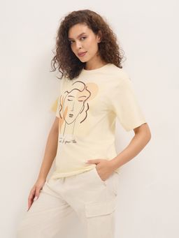 DILLINGER - Off White Women Relaxed Half Sleeves Printed T-Shirt