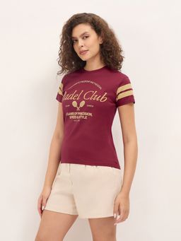 DILLINGER - Maroon Women Relaxed Fit Half Sleeves Typography Print T-Shirt