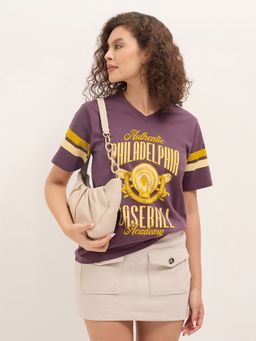 DILLINGER - Mauve Women Relaxed Half Sleeves Typography Print T-Shirt