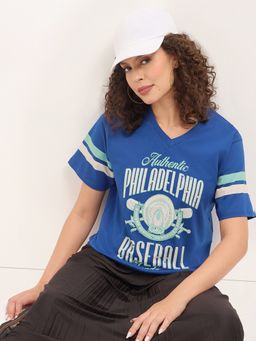 DILLINGER - Blue Women Relaxed Half Sleeves Typography Print T-Shirt