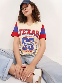 DILLINGER - Off White Women Relaxed Half Sleeves Typography Print T-Shirt