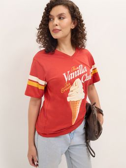 DILLINGER - Red Women Relaxed Half Sleeves Typography Print T-Shirt