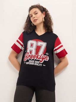 DILLINGER - Women Black Relaxed Half Sleeves Typography Print T-Shirt