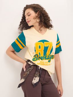 DILLINGER - Off White Women Relaxed Half Sleeves Typography Print T-Shirt