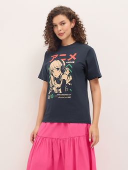 DILLINGER - Navy Blue Women Relaxed Half Sleeves Typography Print T-Shirt