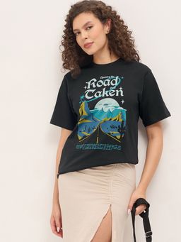 DILLINGER - Black Women Relaxed Half Sleeves Typography Print T-Shirt