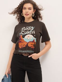 DILLINGER - Brown Women Relaxed Half Sleeves Typography Print T-Shirt