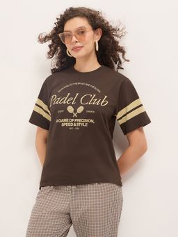 DILLINGER - Women Brown Relaxed Half Sleeves Typography Print T-Shirt