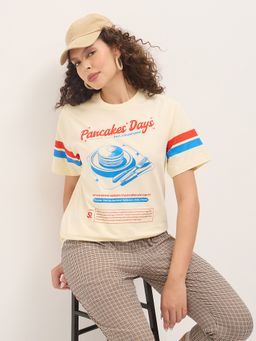 DILLINGER - Women Off White Relaxed Half Sleeves Typography Print T-Shirt