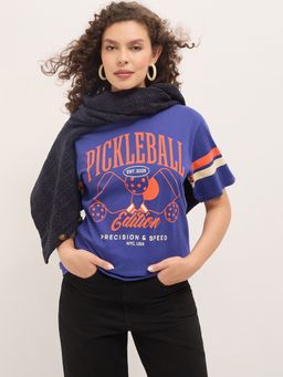 DILLINGER - Navy Blue Women Relaxed Half Sleeves Typography Print T-Shirt