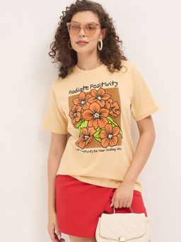 DILLINGER - Beige Women Relaxed Half Sleeves Floral Print T-Shirt