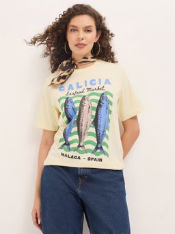 DILLINGER - Off White Women Relaxed Half Sleeves Printed T-Shirt