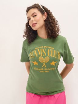 DILLINGER - Green Women Relaxed Half Sleeves Typography Print T-Shirt