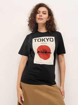 DILLINGER - Black Women Relaxed Half Sleeves Typography Print T-Shirt