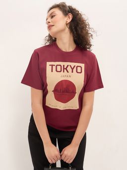 DILLINGER - Maroon Women Relaxed Half Sleeves Typography Print T-Shirt