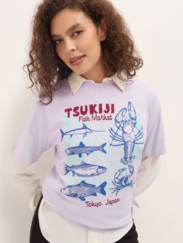 DILLINGER - Lavender Women Relaxed Half Sleeves Typography Print T-Shirt