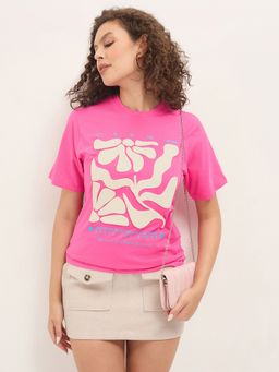 DILLINGER - Rose Gold Women Relaxed Half Sleeves Puff Floral Print T-Shirt