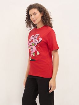 DILLINGER - Red Women Relaxed Half Sleeves Typography Print T-Shirt