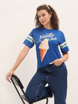 DILLINGER - Blue Women Relaxed Half Sleeves Typography Print T-Shirt