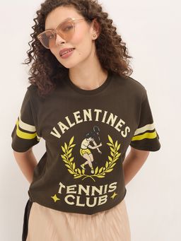 DILLINGER - Women Brown Relaxed Half Sleeves Typography Print T-Shirt