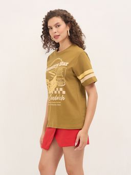 DILLINGER - Women Brown Relaxed Half Sleeves Typography Print T-Shirt