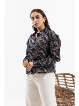 ZNKL - Black Leaf Print Sheer Puff Sleeve Shirt