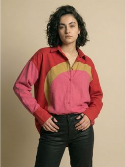 ZNKL - Red Printed Colorblock Oversized Shirt