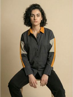 ZNKL - Grey Printed Colorblock Oversized Shirt